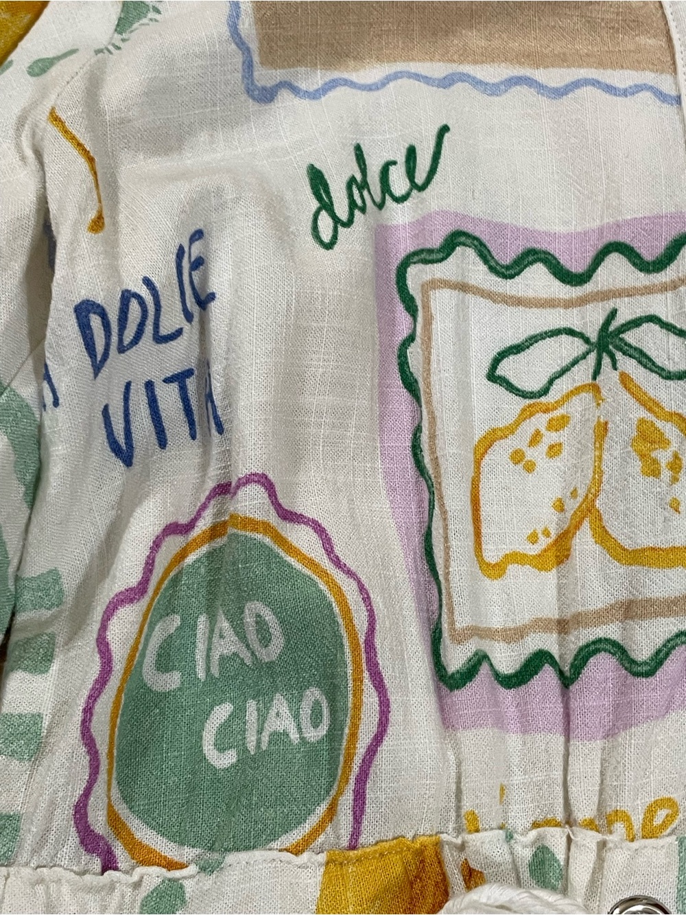 Label of Love Italian Linen Blend Italian Lemon Print “ La dolce vita” Romper - Picture 3 of 11
